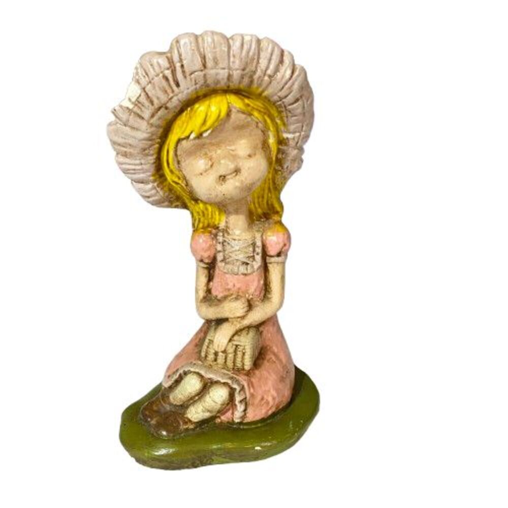 Vintage Chalkware Girl in Bonnet Pink Dress Figurine 12”